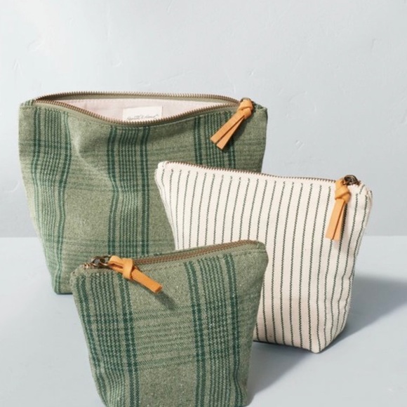 Hearth & Hand with Magnolia 3 piece travel pouch set+Green stripes green plaid. - Picture 2 of 7